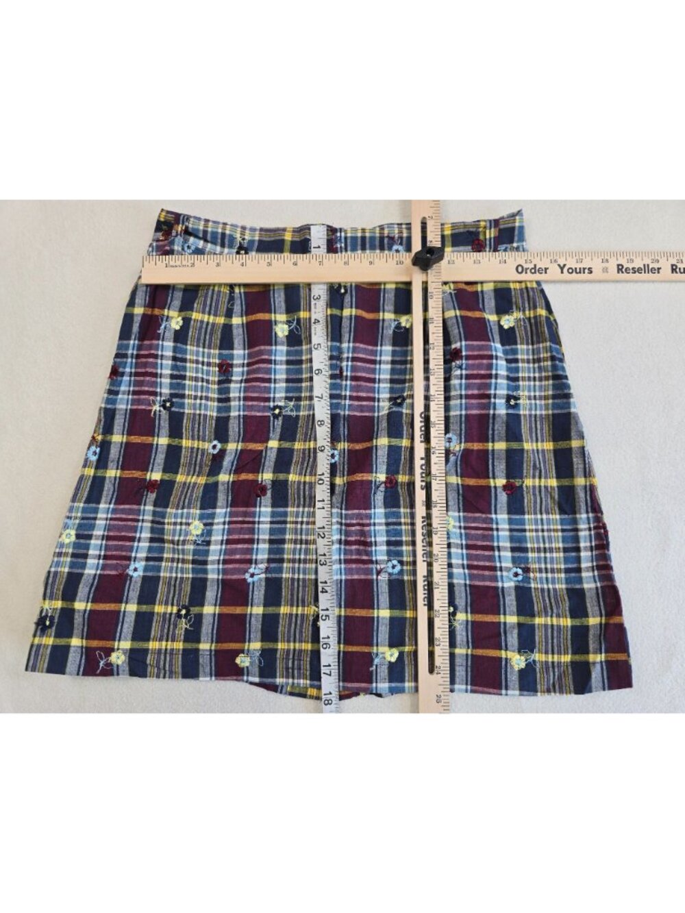 Vintage Y2K Esprit Plaid Skirt 11/12 Button Front 100% Cotton Floral Embroidery - Picture 3 of 3